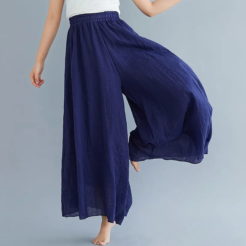 2024 Sen Women's Artistic Plus Size Cotton Linen Pants Skirt Elastic Waist Solid Color Ethnic Style Wide Leg Pants Skirt