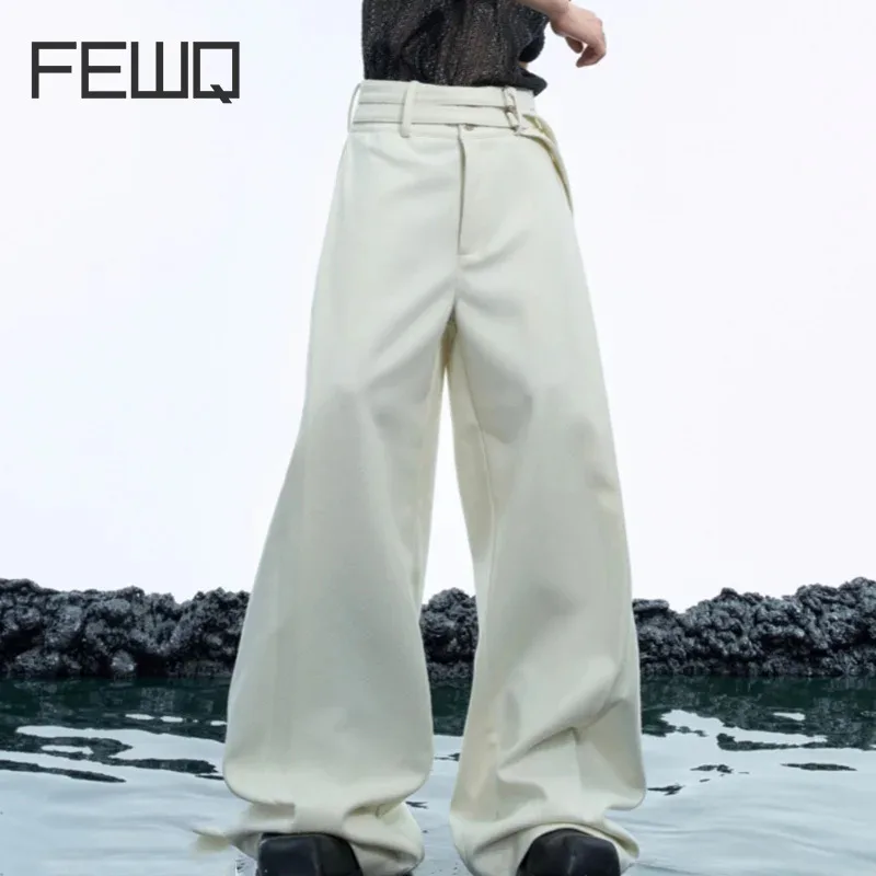 FEWQ New Niche Woolen Double Waistband Design Wide Leg Pants High Waist Loose Thick Solid Color Male Trousers Casual 24E5171