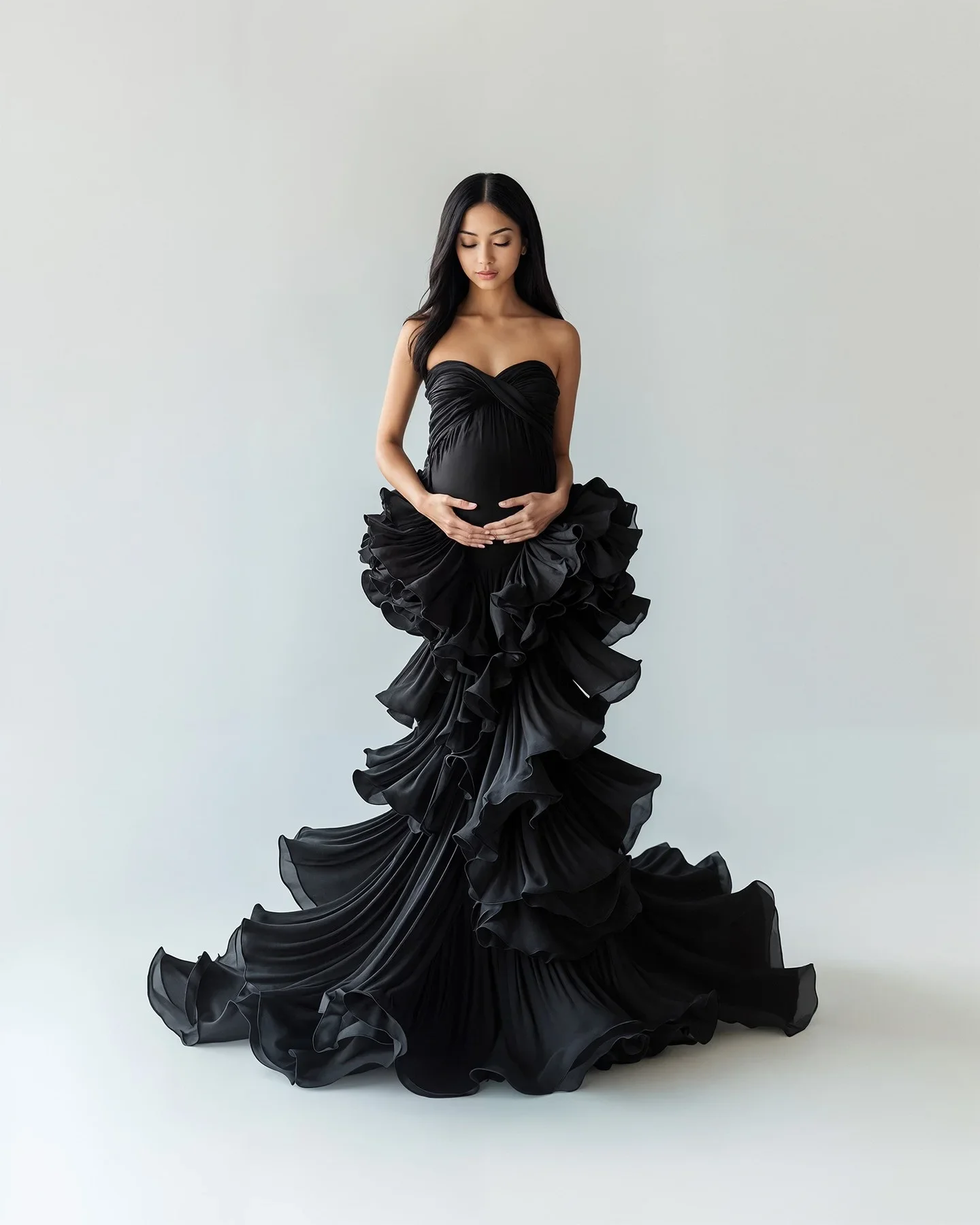 فستان حمل متدرج مكشكش فستان حمل فريد للنساء فستان استحمام للأطفال دراماتيكي أسود حورية البحر فستان أمومة لالتقاط الصور