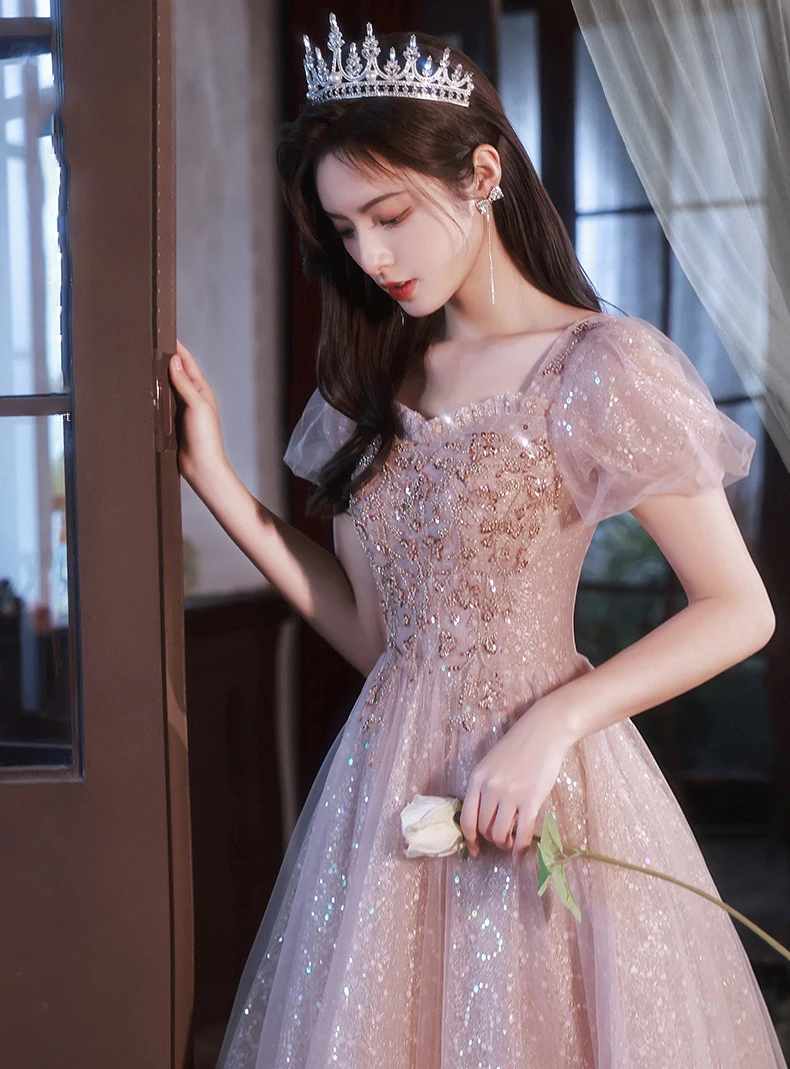 

Pink Women's Prom Dress Beading Sequins Puff Sleeve Slim A-Line Banquet Party Dresses Elegant Floor-Length Formal Gowns Female