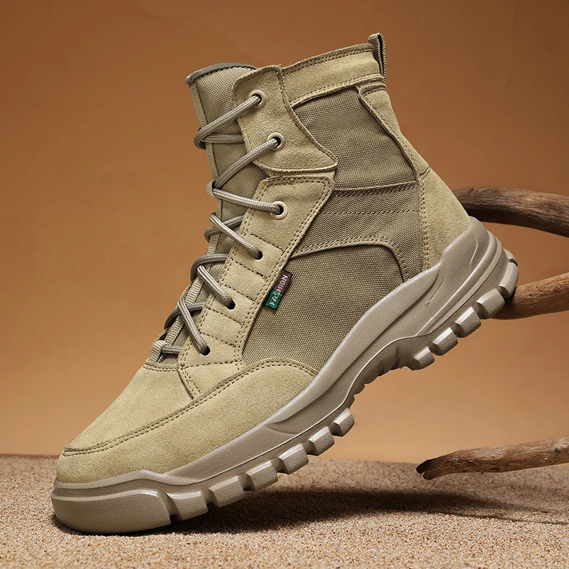 

Men High Top Work Boots Breathable Comfortable Splicing Exquisite Frosted Canvas Outdoor Tactical Desert Boots