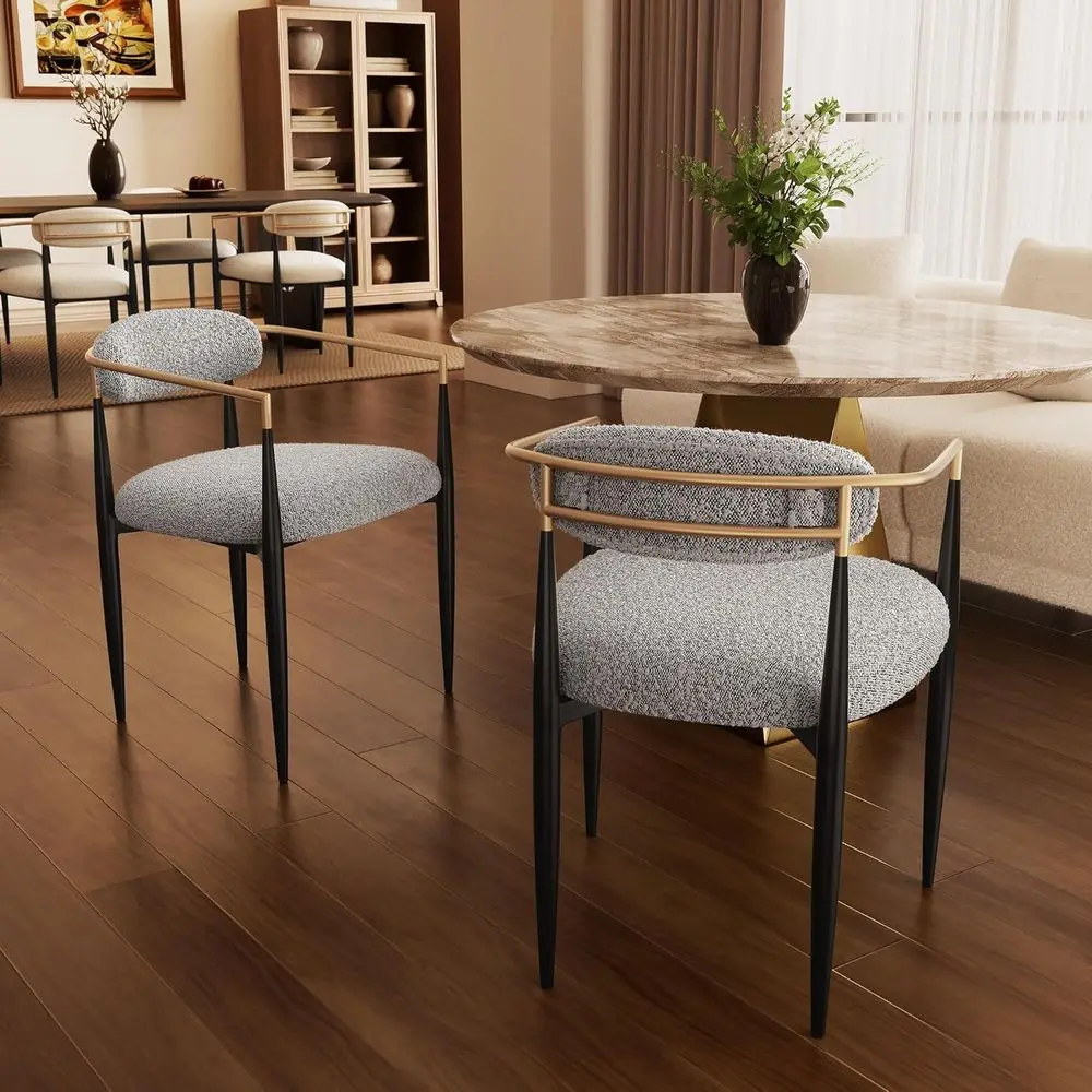 

Grey Upholstered Dining Chairs Set of 2 with Black Metal Legs and Gold Armrests, Suitable for Kitchen, Living Room, and Café