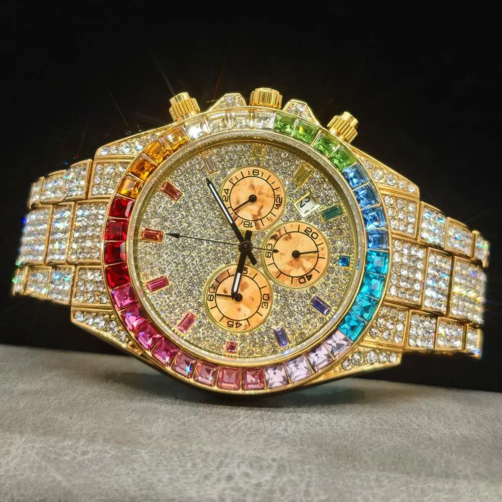 

Hot Sell Rainbow Diamond Watch For Men Fashion Brand UNIGUET Male Hip Hop Ice Out Gold Quartz Watches With Calendar Reloj Hombre
