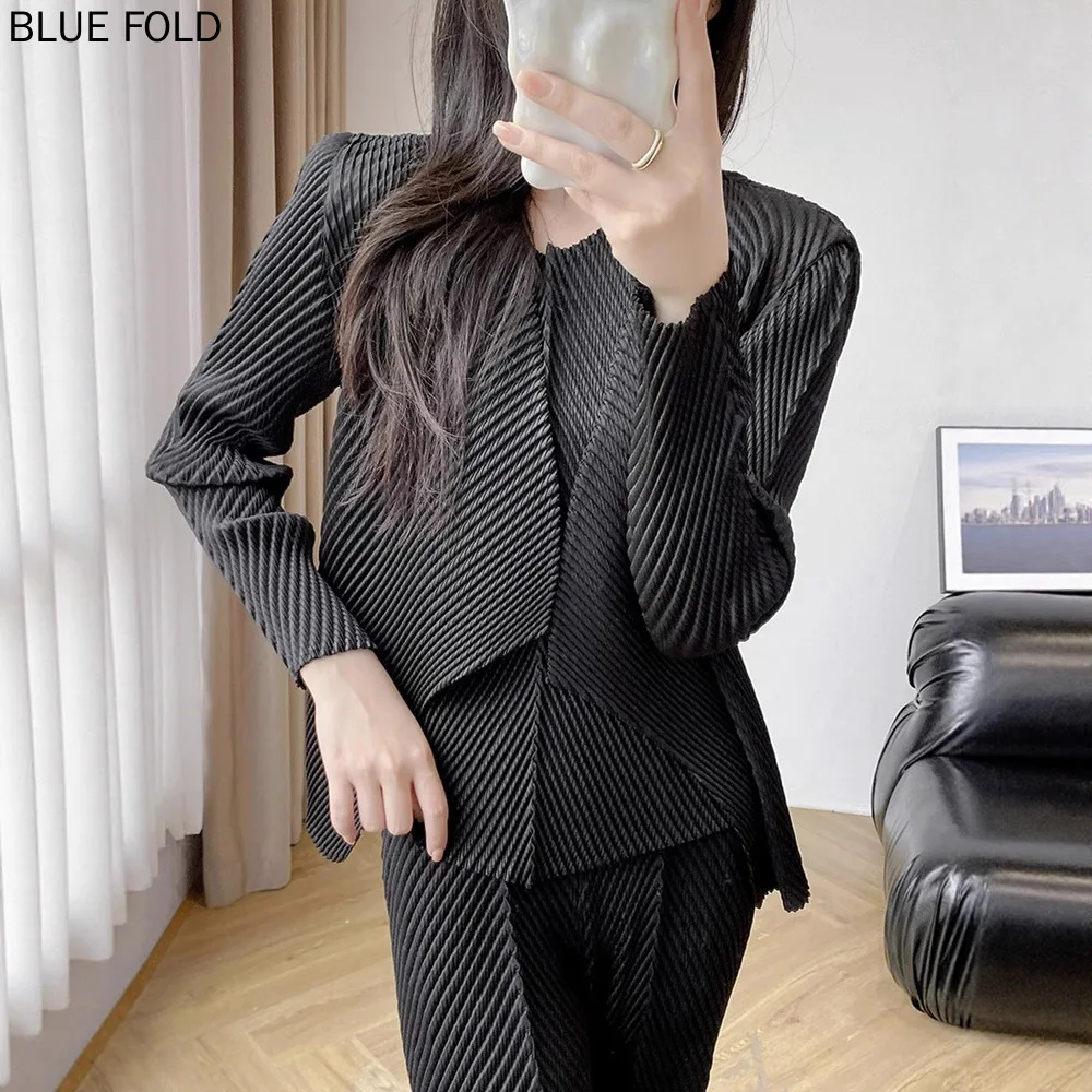 미야케 통근 기질 3피스 여성 고급 플리츠 패션 고급 바지 정장