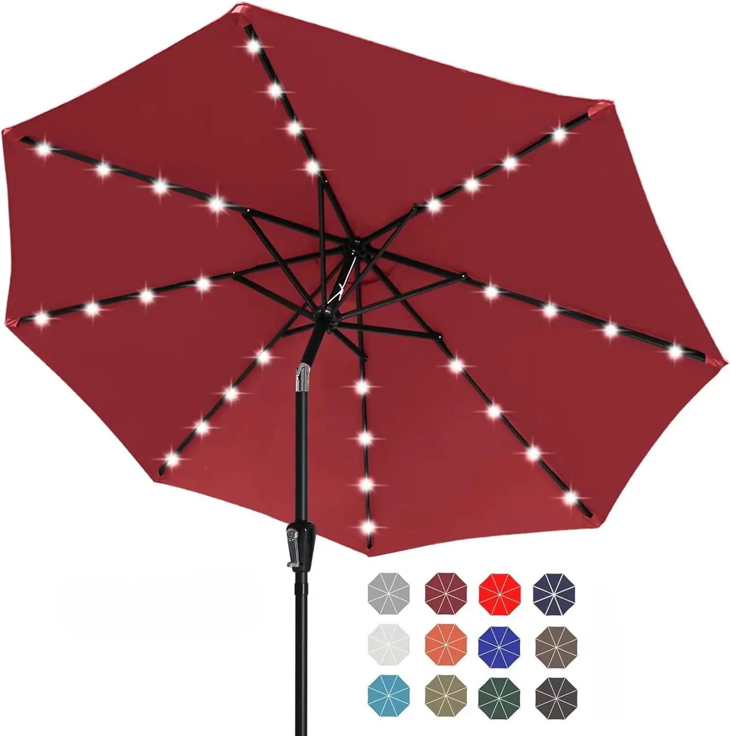 

Durable Solar LED Patio Umbrella with 32 Lights, 9FT Burgundy - Windproof & Quick Tilt