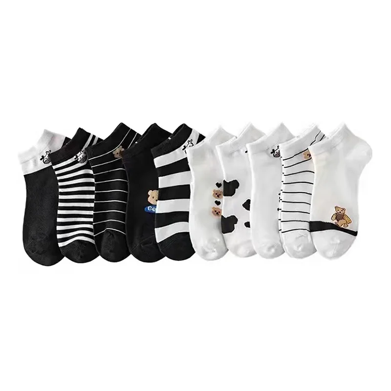 

Носки женские короткие с коровьим принтом, комплект из 5 пар, дышащие, до щиколотки с мультяшным медведем, симпатичные, для девушек