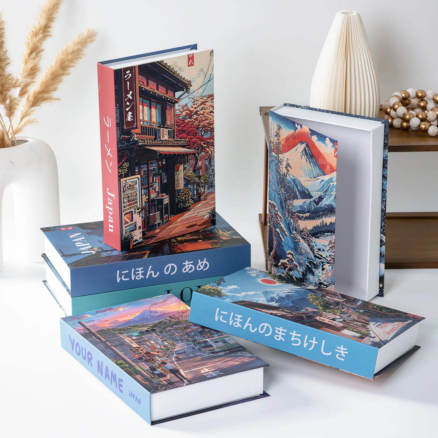 New Retro Japanese Landscape Luxury Fake Books for Decoration Openable Simulation Book Storage Box Coffee Table Books Home Decor