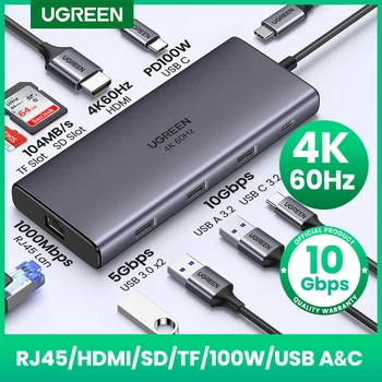 UGREEN 10Gbps USB C HUB 4K60Hz Type C to HDMI2.0 RJ45 PD 100W Adapter For Macbook iPad Pro Air M2 M1 Sumsang PC Accessories HUB