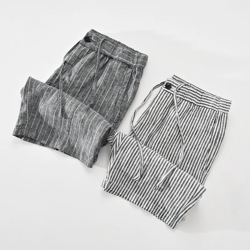 Striped Shorts for Men Japanese Style Pure Linen Casual Elastic Waist Button Up Short Pants 2022 Summer New