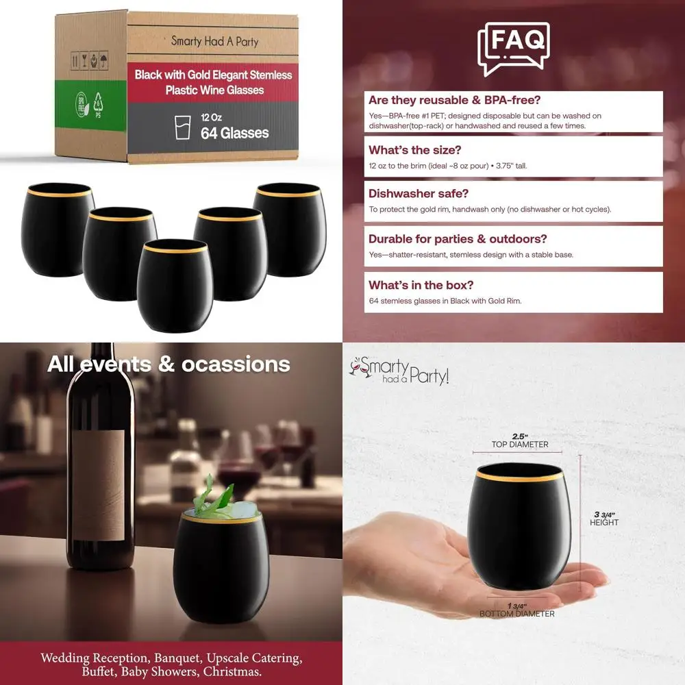 

64-Piece Black Plastic Wine Glasses with Gold Stems - Unbreakable, Disposable or Reusable for Parties, Weddings, and Events