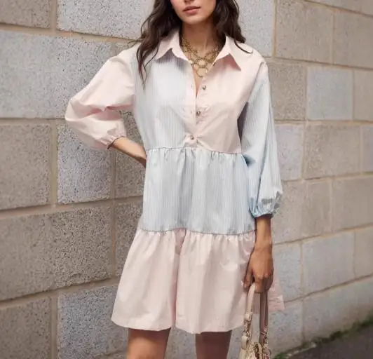 

Color Blocked Striped Printed Lapel Loose Shirt Dress, Sweet and Girlish Style, Fresh and Cute Lantern Sleeve Loose Shirt Dress