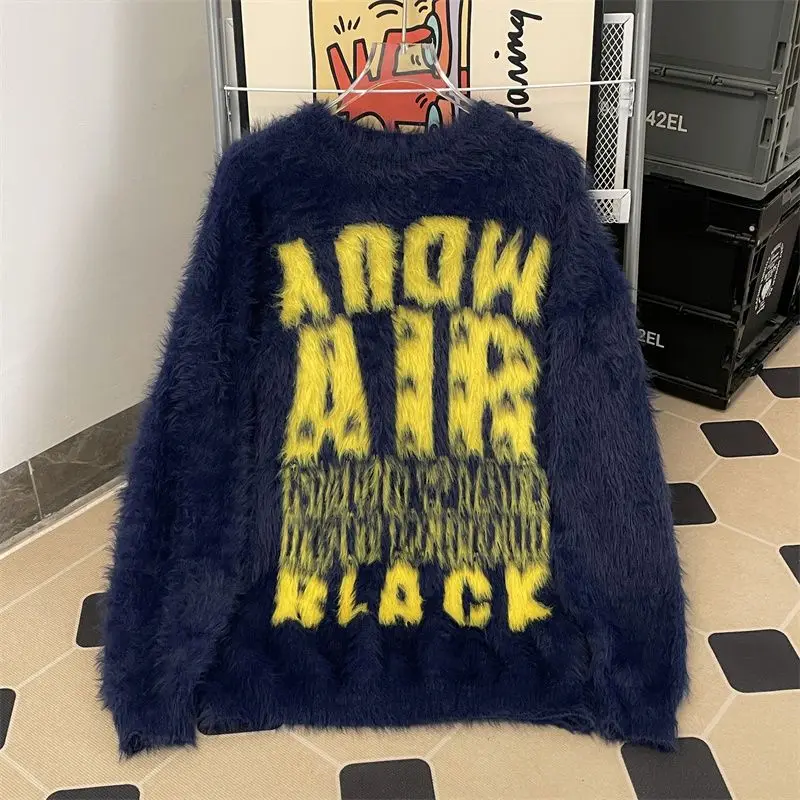 

American Retro Soft Lazy Feng ui Mink Letter Knitwear Loose Men's Sweater Trendy Faionable Polyester Fiber Autumn Long Sl...