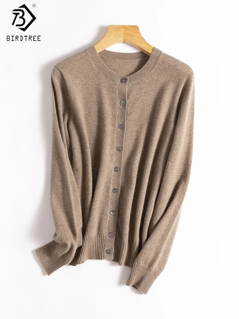 

Birdtree, 100% кашемировый вязаный однотонный кардиган, женский однобортный теплый трикотаж с круглым вырезом, осенне-зимнее пальто 2025 T5O409JF