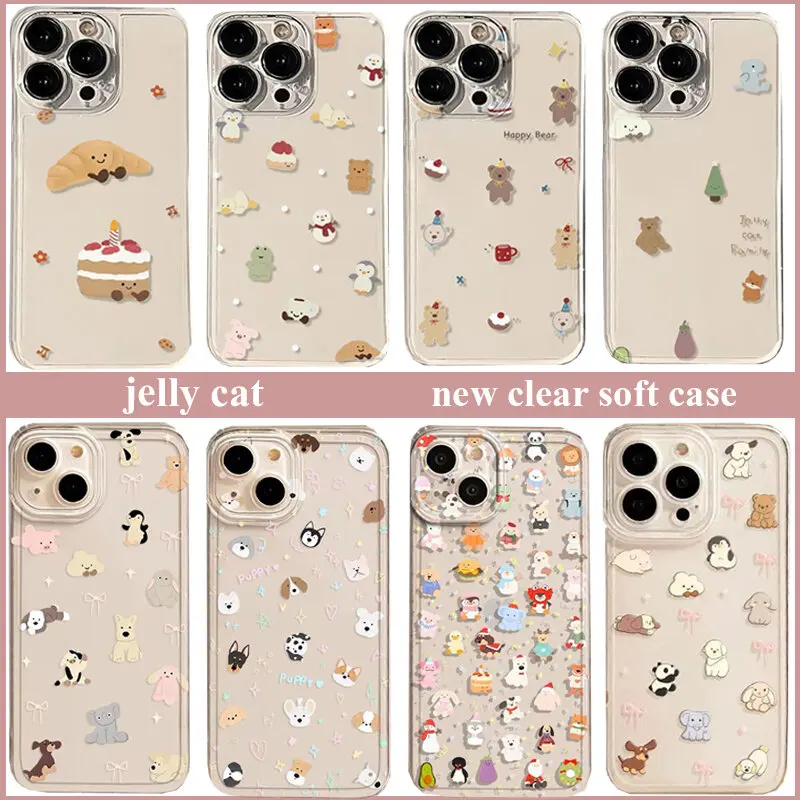 Cute Jelly Cat Phone Case For iPhone 11 12 13 14 15 16 Pro Max 16 15 14 Plus XR XS Max 12 13 Mini Bear Penguin Clear Soft Cover