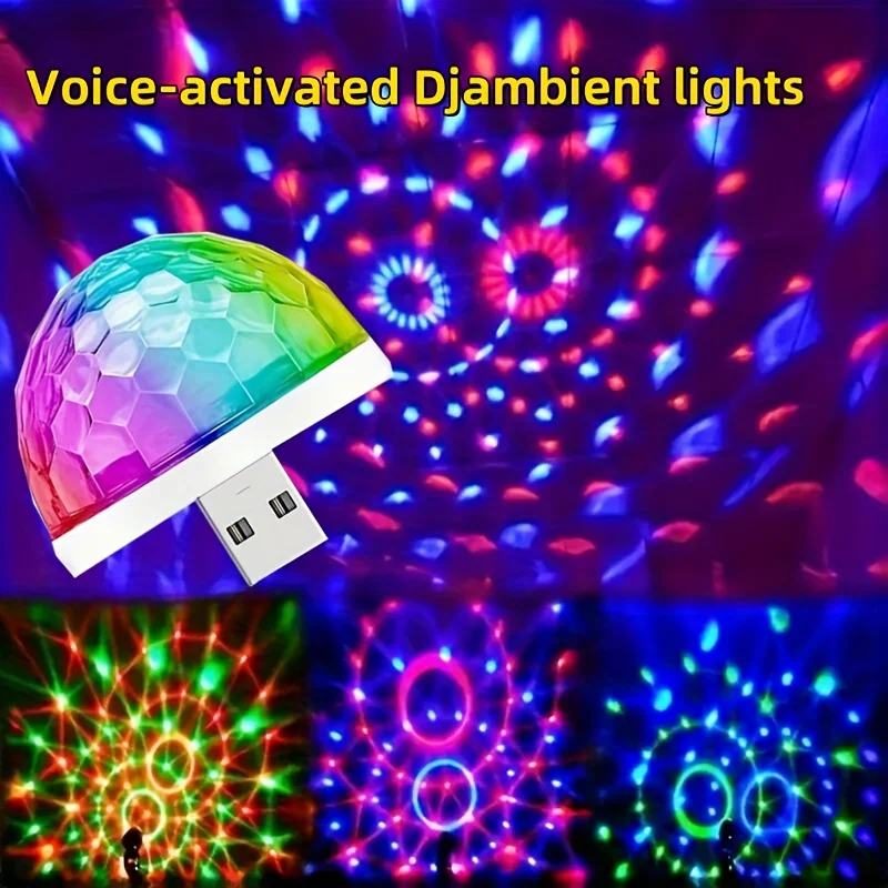 Car USB Magic LED Light,Voice-Controlled LED,Party Disco Atmosphere Light,Rotating Stage Light,Without Battery,Car Enthusiasts