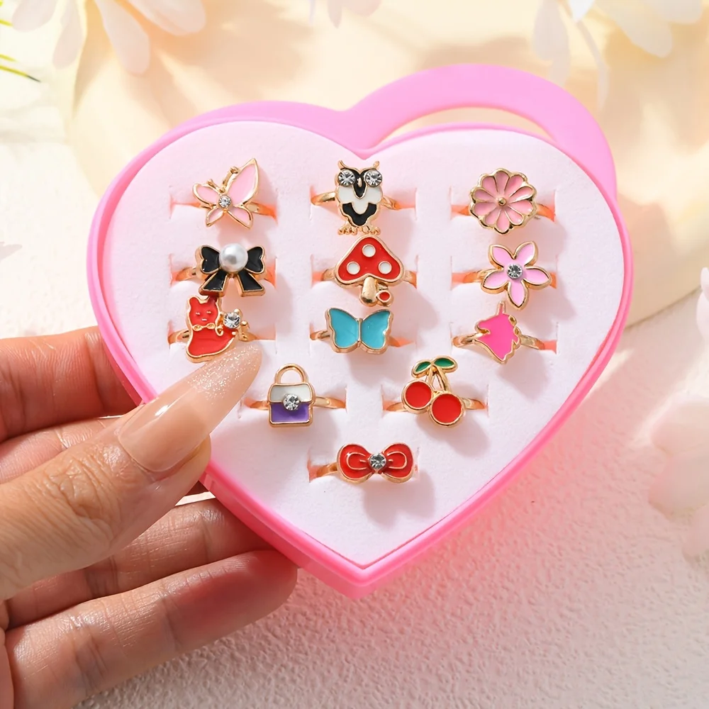 12-Piece Adjustable Ring Set with Enamel Owl, Cherry, Bow, Flower, Cat, Mushroom, and Handbag Design Open Rings, Comes with a Heart-Shaped Gift Box, Little Princess Dress-Up Jewelry, Birthday Party Gift Toy