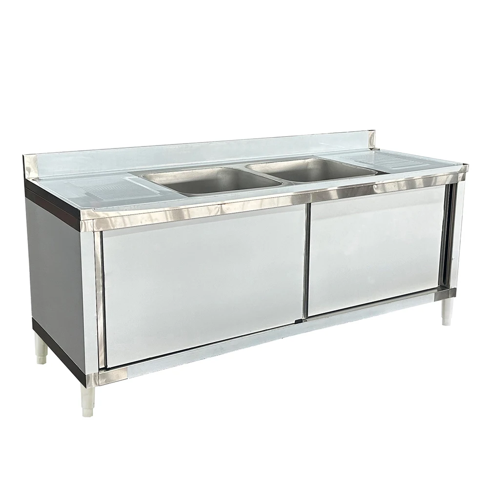 Hot Sale Stainless Steel Storage Cabinet With Two Sinks And Splash Back Sink With Sliding Doors Cabinets