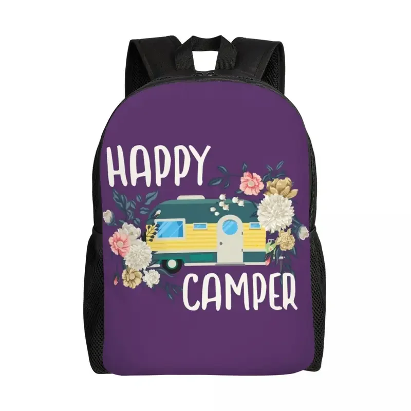 Custom Happy Camper Bloemen Print Rugzak Mannen Dames Basic Boekentas Voor College School Cartoon RV Kampeertassen