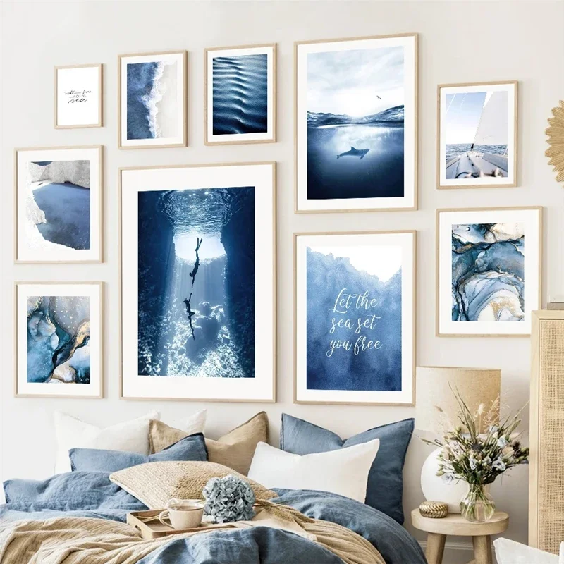 (No frame)(No frame)Nordic Dark Blue Langdscape Ocean Beach Seascape Posters and Prints Wall Art Canvas Painting Wall Picture