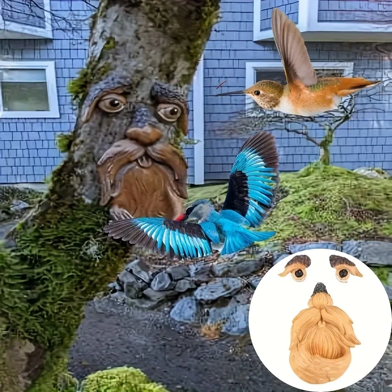 Baum-Gesichtsdekoration, Vogelfutterstation im Freien, Augen leuchten im Dunkeln, lustiger alter Mann, Baum-Hugger-Skulptur, Hof, Kunst, Garten, Rasen, Ornament, Dekoration – Detail 6