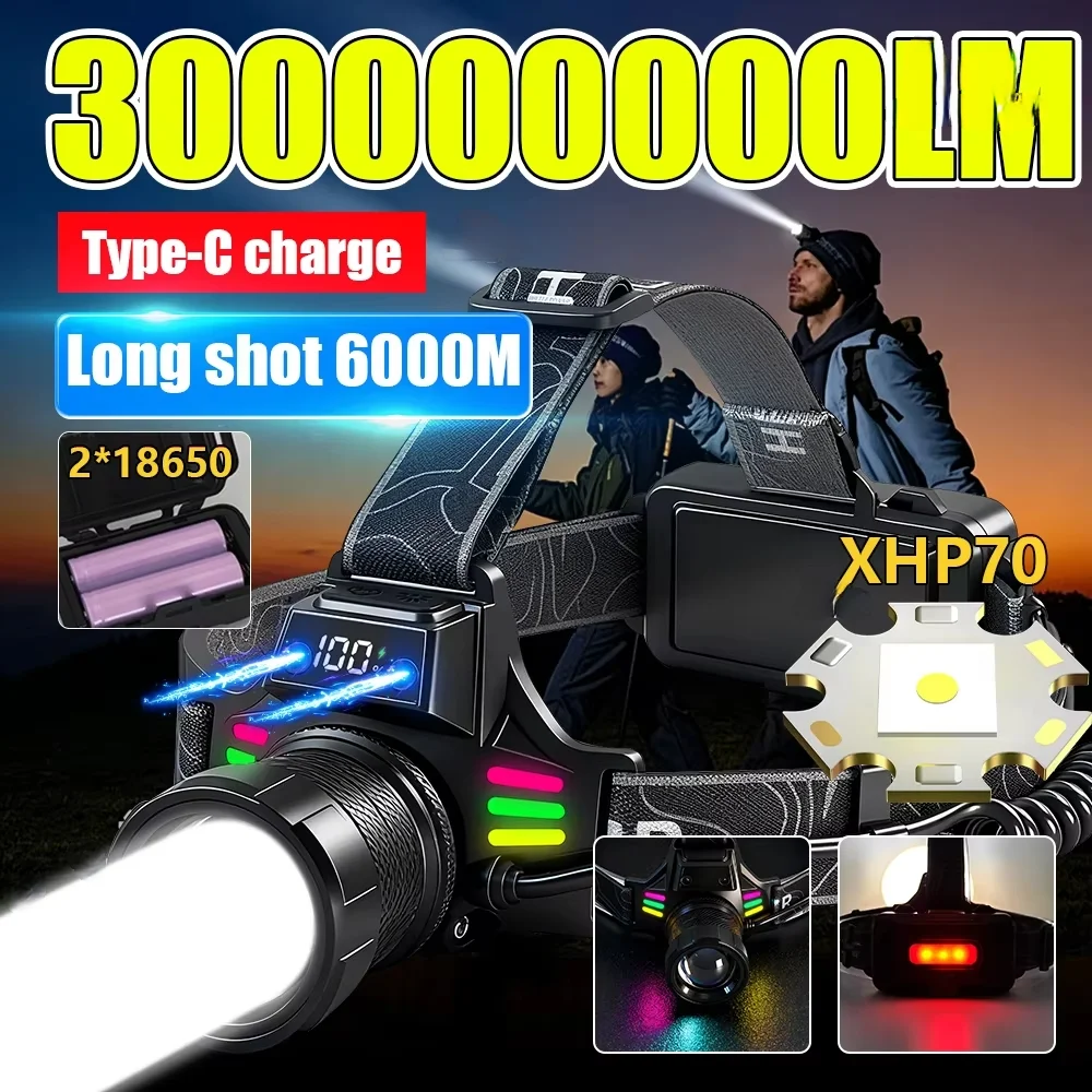 Outdoor Climbing Headlamp XHP70 LED Head Flashlight USB Rechargeable Headlight 18650Battery Head Torch forOutdoor Hiking Lantern