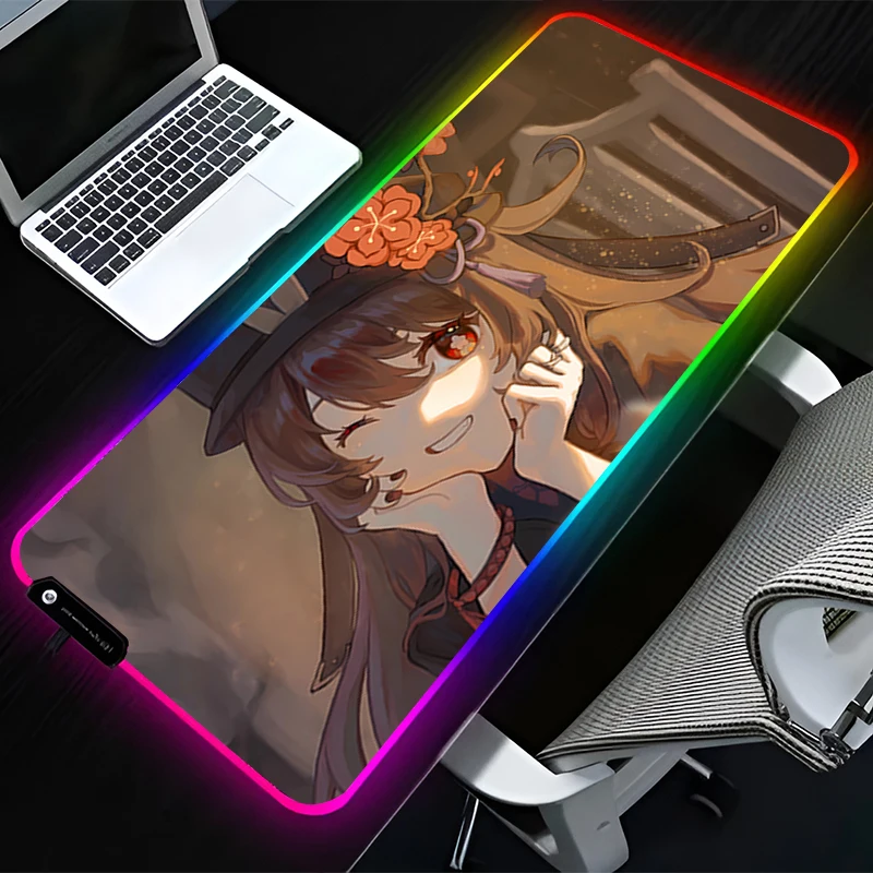 RGB LED Mouse Pad HD Rubber Mousepad Computer Gaming Accessories Keyboard Pad G-genshin Impact Hu Tao Office Non Slip Mouse Mat