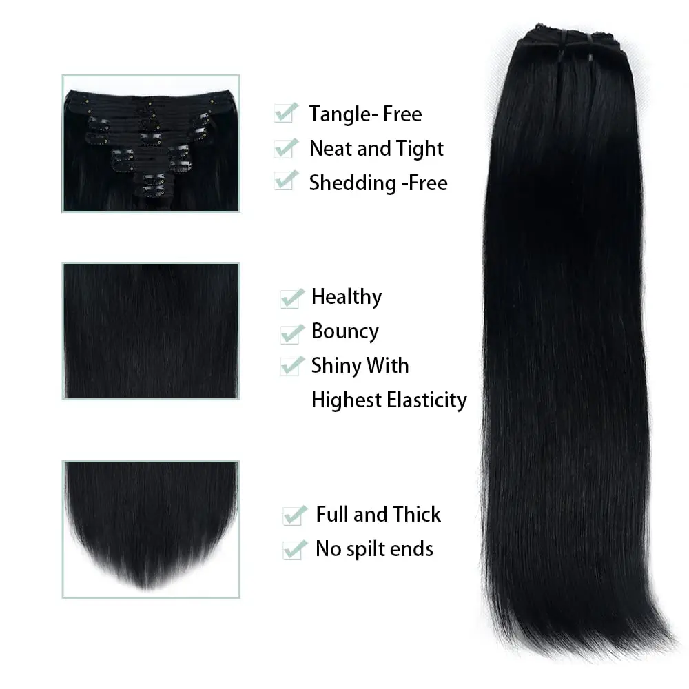 Extensiones de cabello humano liso, Clip brasileño en Color negro Natural, 22, 24, 26 pulgadas, 120G, Remy, 8 unidades por Set