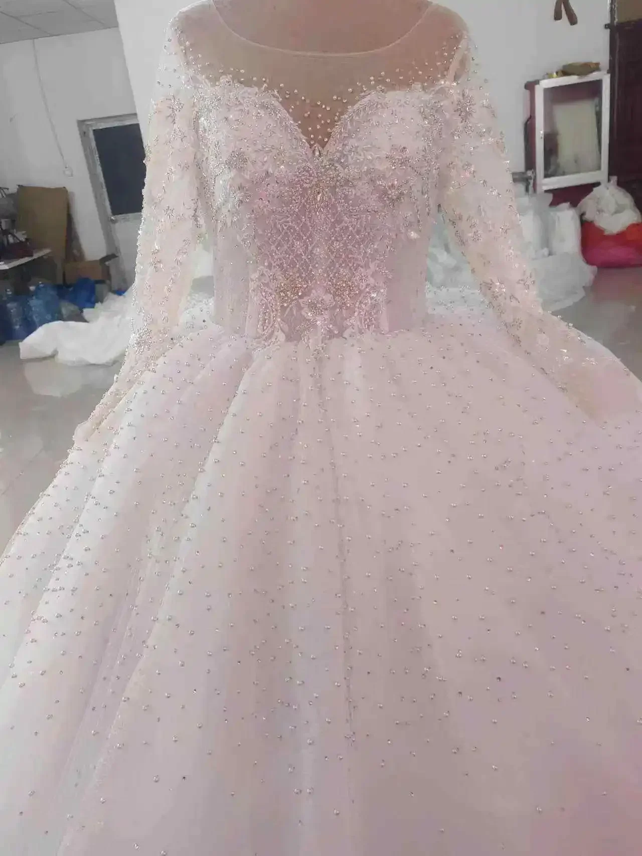 Vestido De novia personalizado con cuentas De cristales brillantes, Vestido De boda con corsé en la espalda, vestidos De novia De manga larga