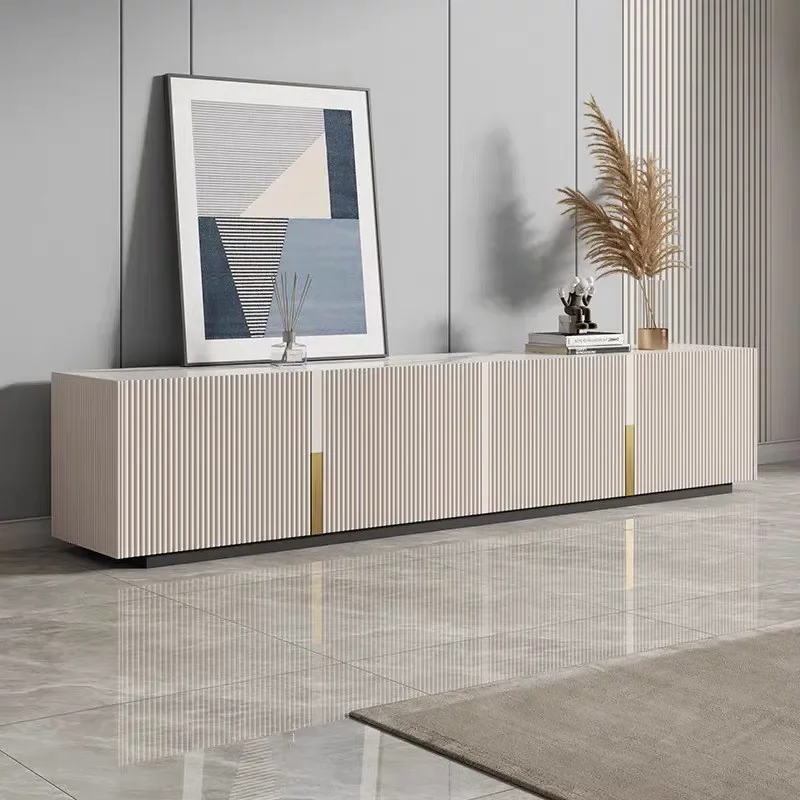 Modern Solid Wood TV Stand with Sintered Stone Top Luxury Living Room Media Console Coffee Table Combo Furniture
