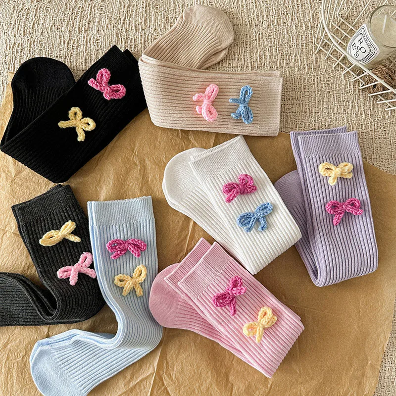Frühling 2026 Süße Röhrensocken für Mädchen mit Bonbonfarbener Schleife 1-12T Kinder Wadensocken Streifen-Design Kindersocken