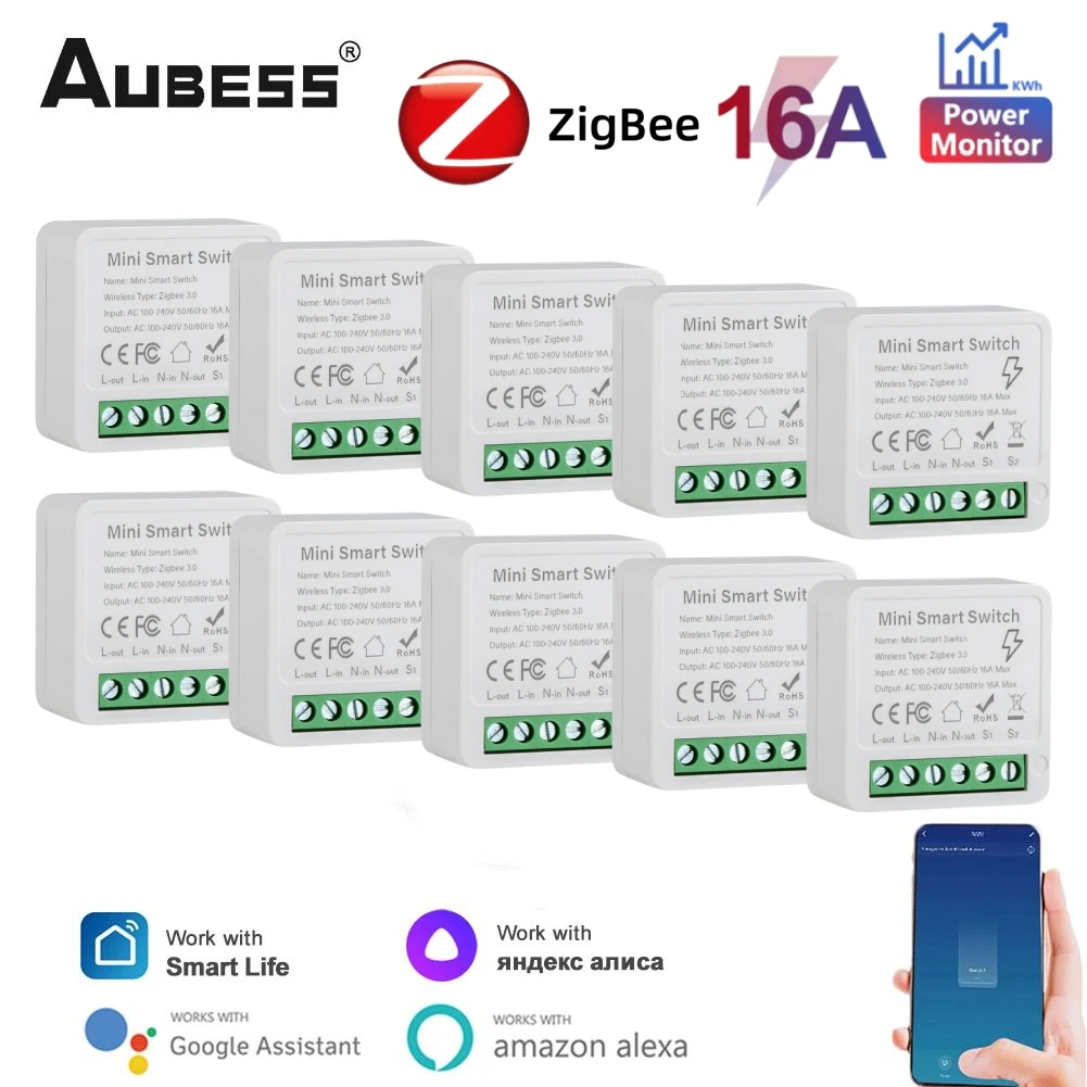 Tuya Zigbee 16A Smart Mini Switch With Energy Monitor 2-way Control Smart Home Timer Work With Alexa Google Home Assistant