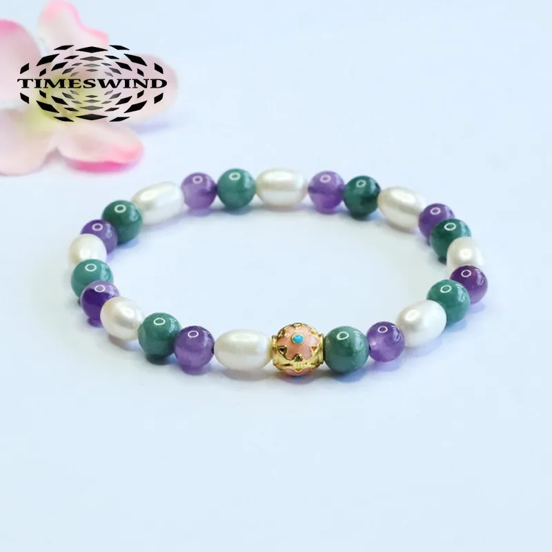 

TIMESWIN Multi-color Natural A-type Jade Pearl Crystal Beaded Women Bracelet with Certificate