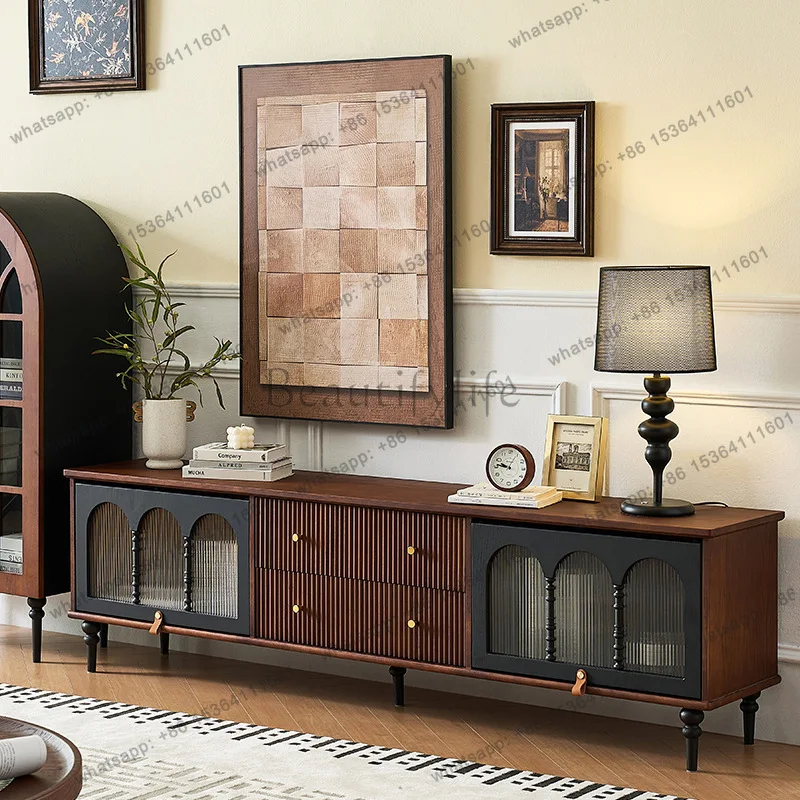 

French solid wood TV cabinet household small apartment large capacity storage retro floor integrated locker