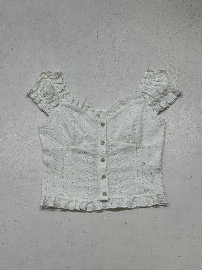 Hmsevenjz 여성용 여름 얇은 자카드 중공 짧은 카디건 탑 패션 여성 의류 용 v 넥 버블 슬리브 셔츠