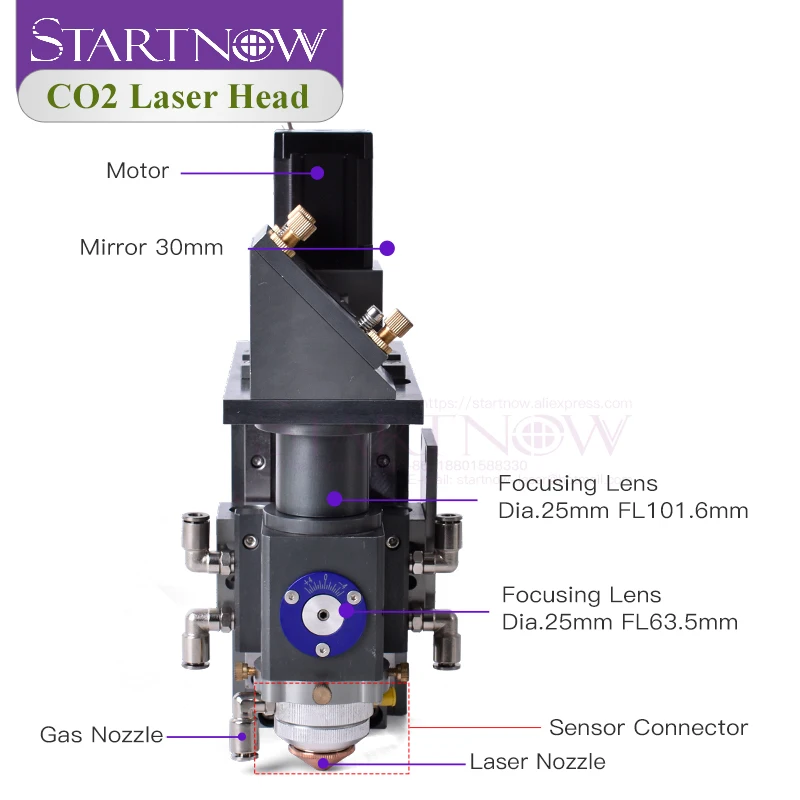 Startnow CO2 Auto Focusing 150-500W Fiber Laser Mixed Cutting Head D25 Focus Lens D30 Mirror for Metal Non-metal Mixture Machine