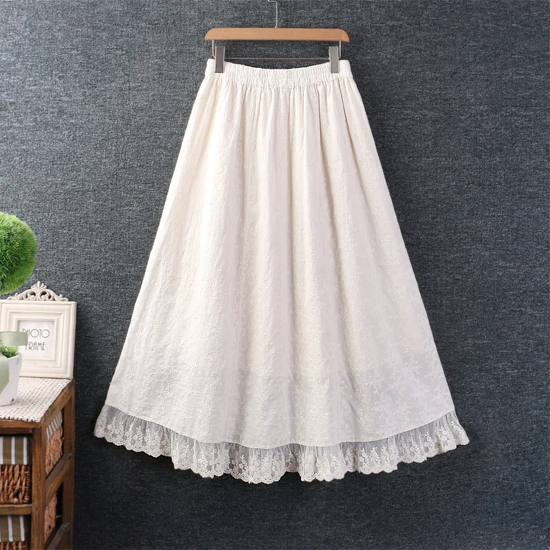 Spring Summer Sweet Mori Girl Lace Floral Embroidered Skirt Women Elastic Waist Casual Loose Pockets Midi Skirts