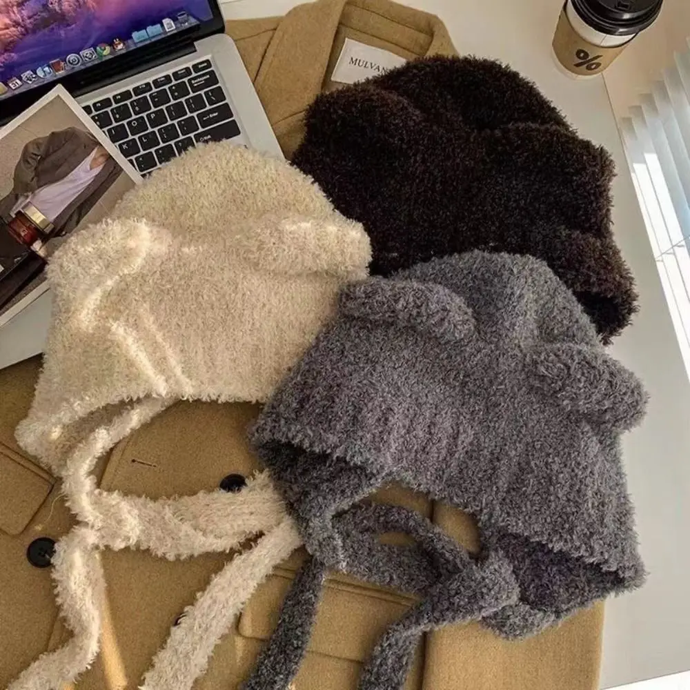 Soft Lace-up Bear Ears Knit Hat Warm Cold-proof Ear Protection Hat Fleece Lined Thick Beanie Cap Winter
