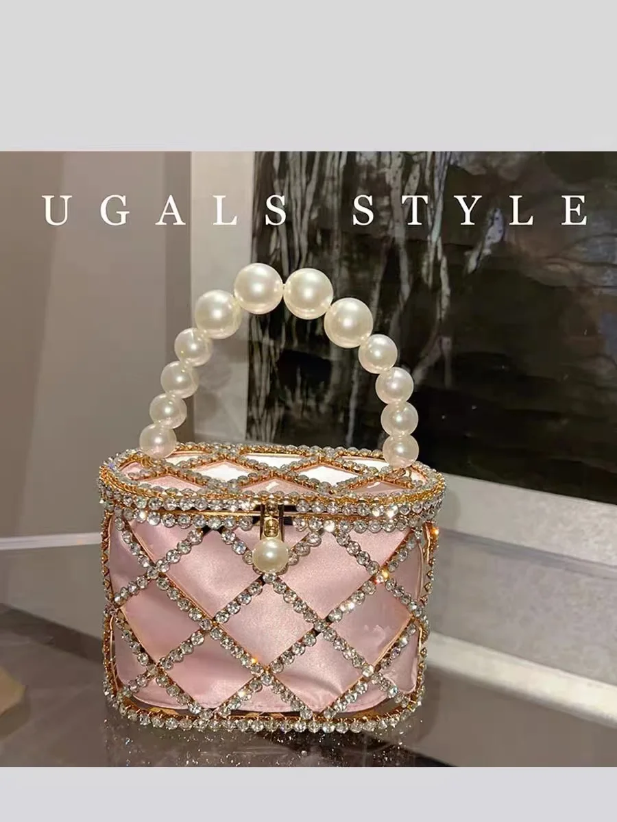 Luxury Metal Cage Crystal Diamonds Evening Bag Hollow Out Pearl Beaded Women\'s Handbag Wedding Party Clutch Purse Crossbody Bag