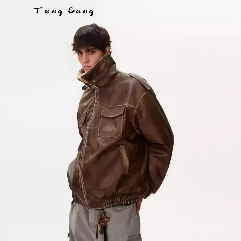 Tung Sung Distressed Pu Leather Coat Street Wear Vintage Casual Warm Moto & Biker Thickened Coats