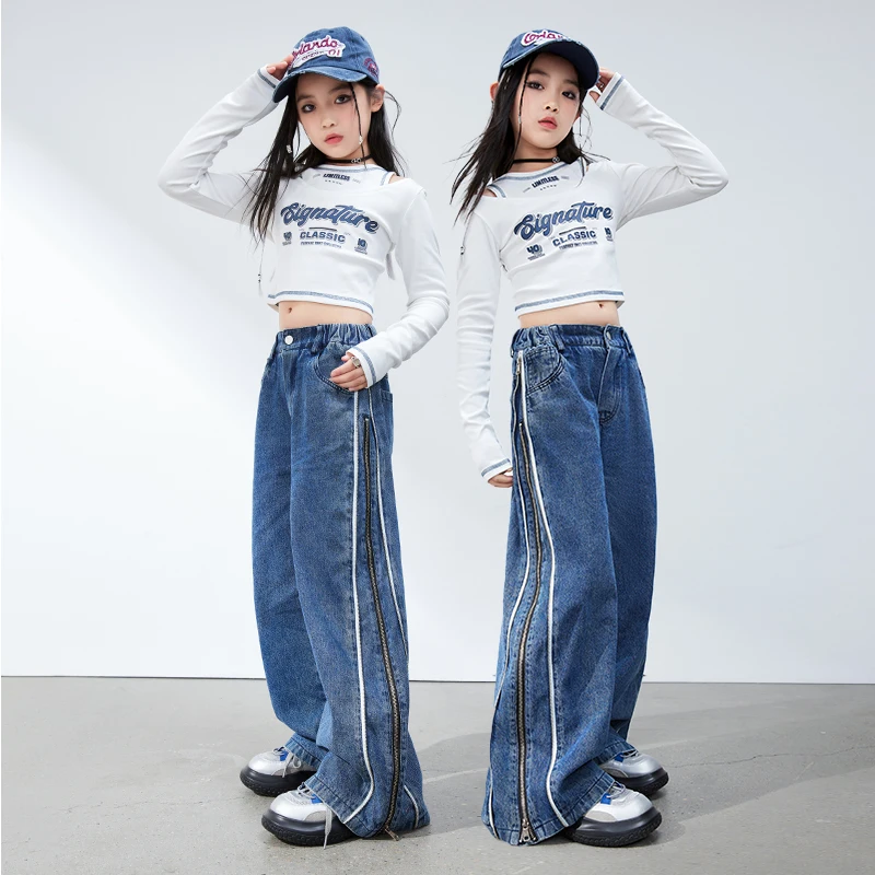 Kinder Kpop Hip Hop Kleidung Ernte Sweatshirt Tops Denim Casual Cargo Jogger Hose für Mädchen Jazz Tanz Kostüm Teen Street Kleidung