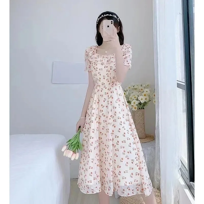 여름 레이디 쉬폰 맥시 드레스 2025 여성 반팔 긴 드레스 프랑스 Femme 연꽃 잎 칼라 꽃 프린트 a 라인 Vestidos