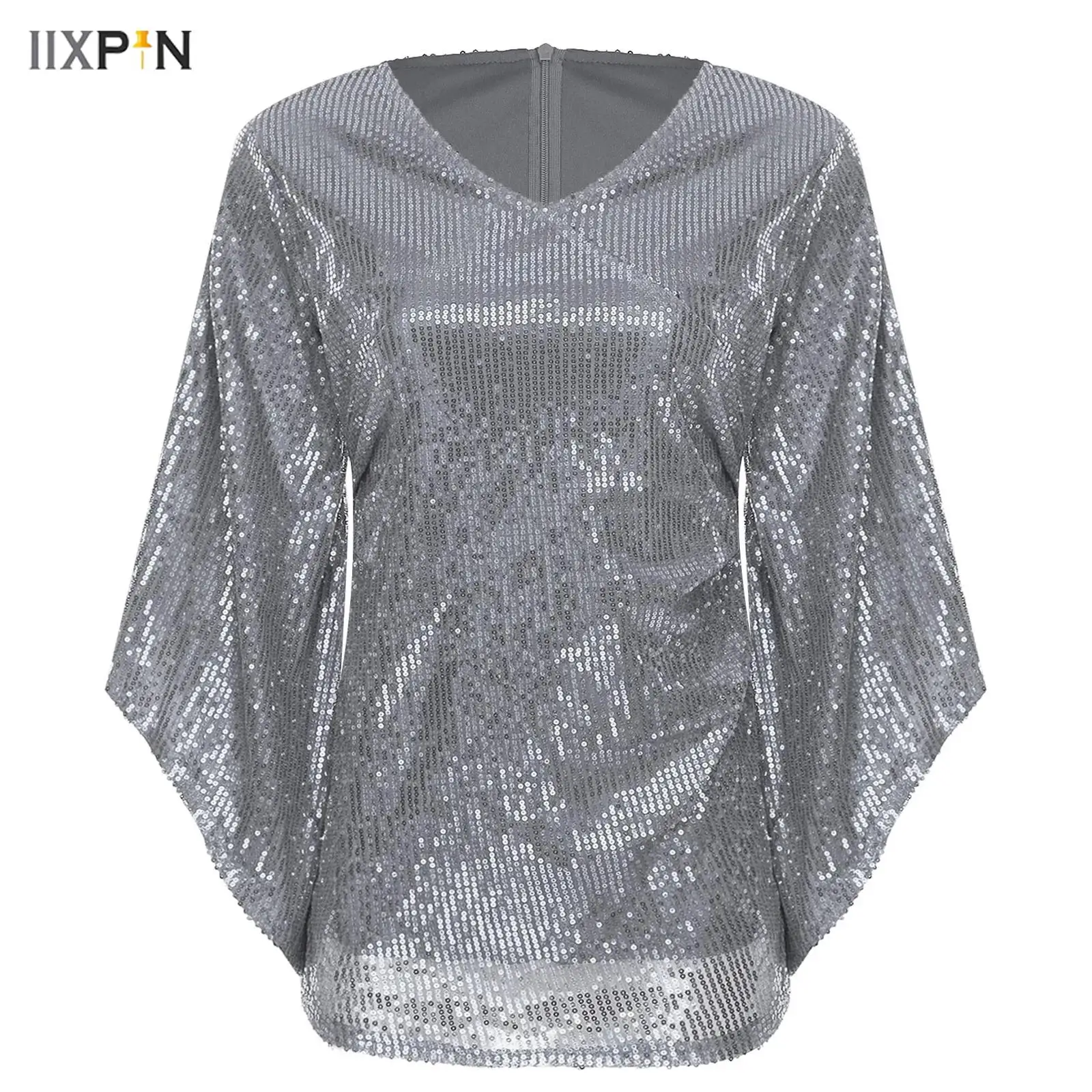 

Women's Glittery Sequin Blouse V Neck Irregular 3/4 Flared Sleeves Fully Lined Pullover Shirt Tops for Cocktails Club Evenings