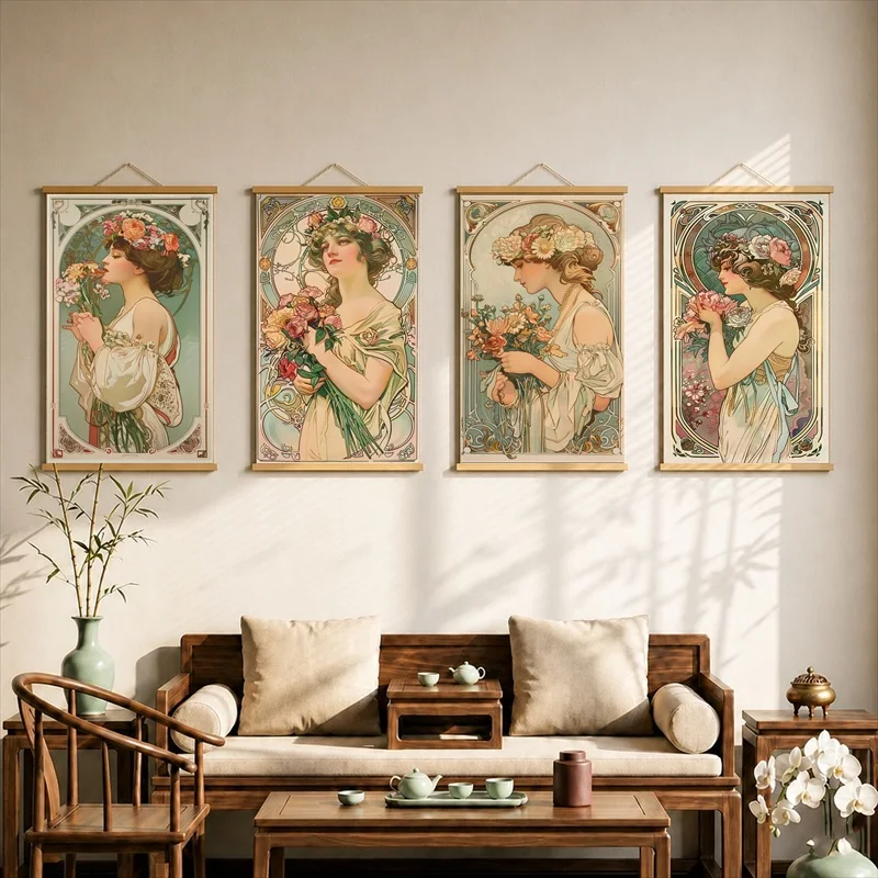 Wall Art Elegant Floral Maiden Portrait, Art Nouveau Pearlescent Canvas Hanging Scroll with Wooden Rods for Bridal Boutique
