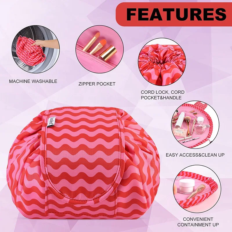 Travel Makeup Bag Women Portable Water-reant Cosmetic  Puffy Padded Make Up Organizer Pouc Open Flat Toiletry Bag