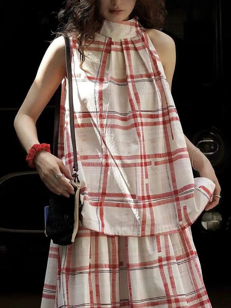Women Blue Plaid Thin Big Size Tank Tops New Stand Collar Sleeveless Personality Fashion Tide Spring Summer