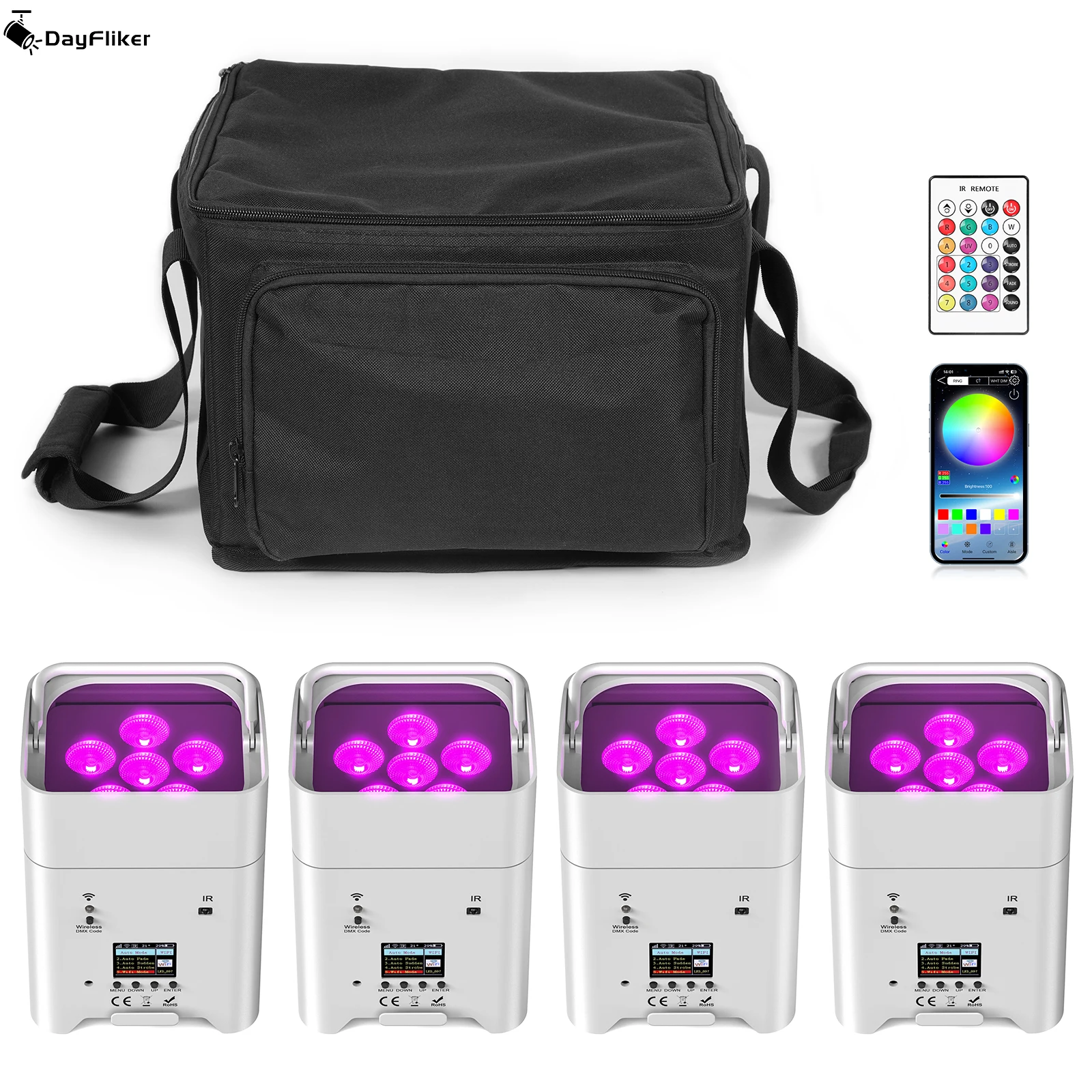 DayFlicker 4PCS RGBWA+UV LED Par Light with Bag 6x20W DMX512 Rechargeable Built-in Battery Wireless Par Light Dyeing DJ Light