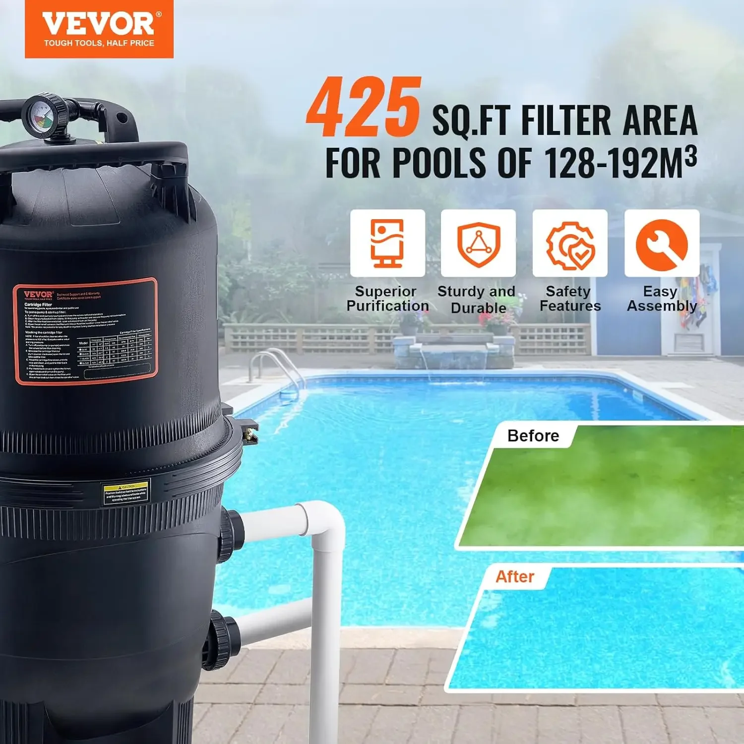 2026 Pro Cartridge Pool Filter Tank & Element for Above Ground & Inground Pools, Large 420-425Sq. Ft Cleaner System Compatible
