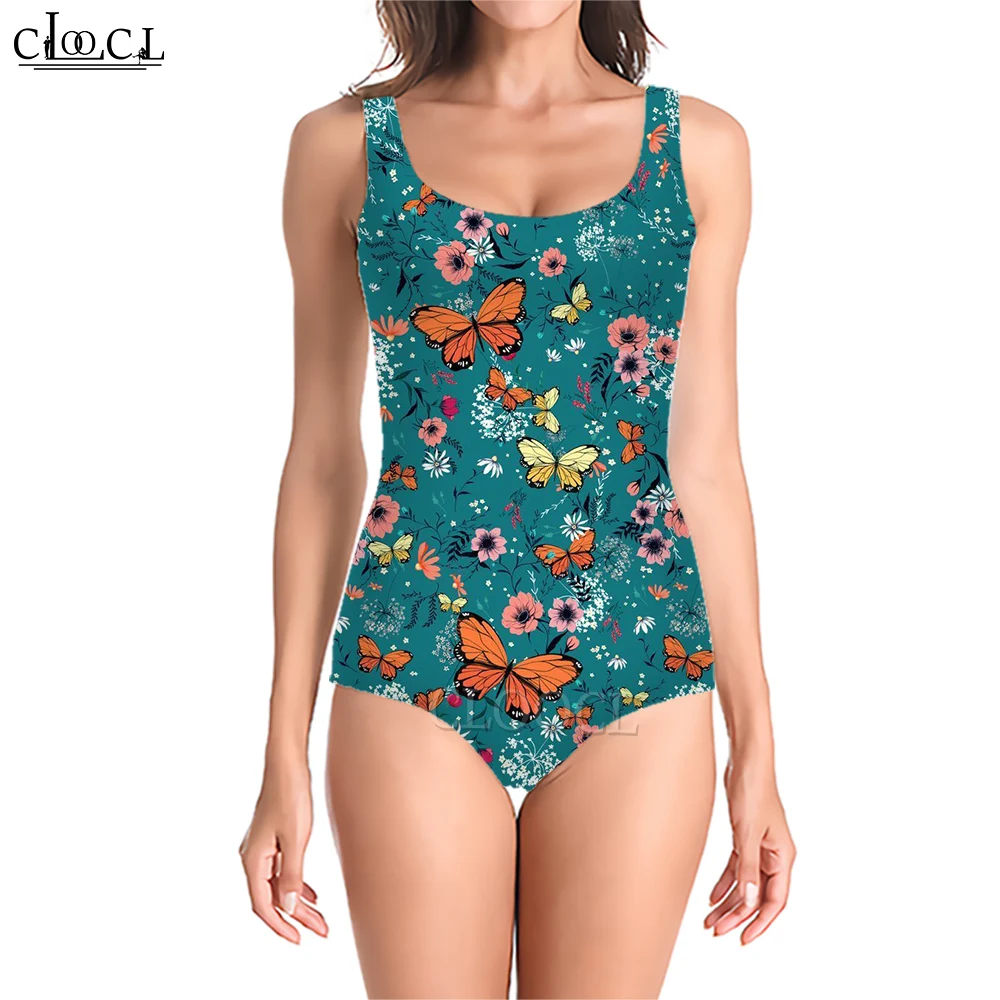 CLOOCL Women Swimsuit Floral and Butterfly Printed Sportswear Bathing Swimwear Holiday Style Summer One-Piece Swimsuit