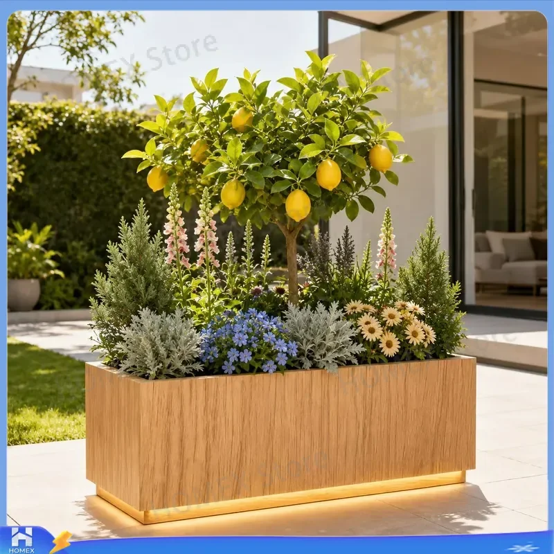 Outdoor Wood Grain Flower Box Planter Hot Dip Galvanized Steel Raised Garden Bed Large Metal Plant Stand for Patio Street