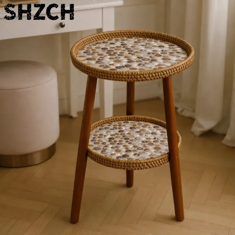 Handcrafted Rattan Two Tier Side Table with Mother of Pearl Mosaic, Luxury Round End Table for Living Room Bedroom Furniture